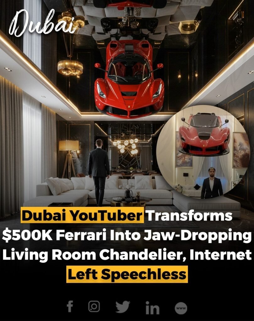 A Dubai YouTuber stunned the internet by transforming a $500,000 Ferrari into an extraordinary chandelier for