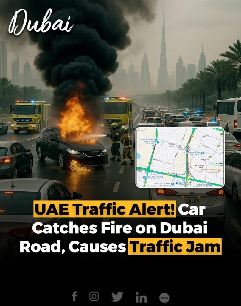 A car caught fire on Saturday evening along Sheikh Mohammed Bin Zayed Road (311) near Mirdif City Centre, caus