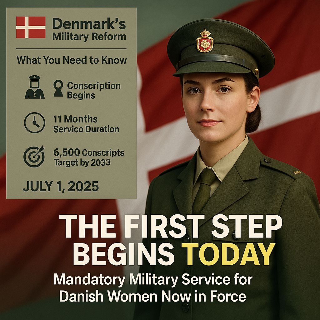 Denmark Begins Mandatory Military Conscription for Women – A Historic Shift Amid Rising Security Threats
 Jul