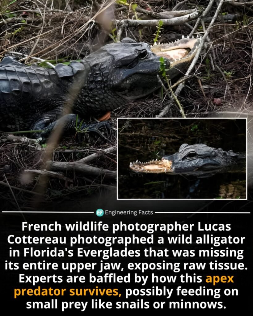 Despite lacking its entire upper jaw—a feature vital for hunting and feeding—this Florida alligator has defied