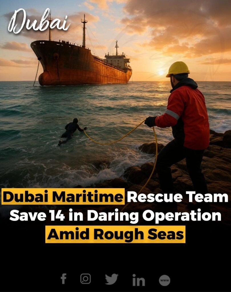 In a quick and heroic response, Dubai’s maritime rescue team successfully saved 14 people from a ship stranded