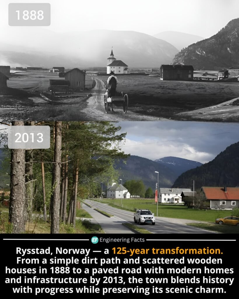 Rysstad, nestled in Norway’s Setesdal Valley, offers a stunning visual tale of time. In the 1888 photo, a dirt