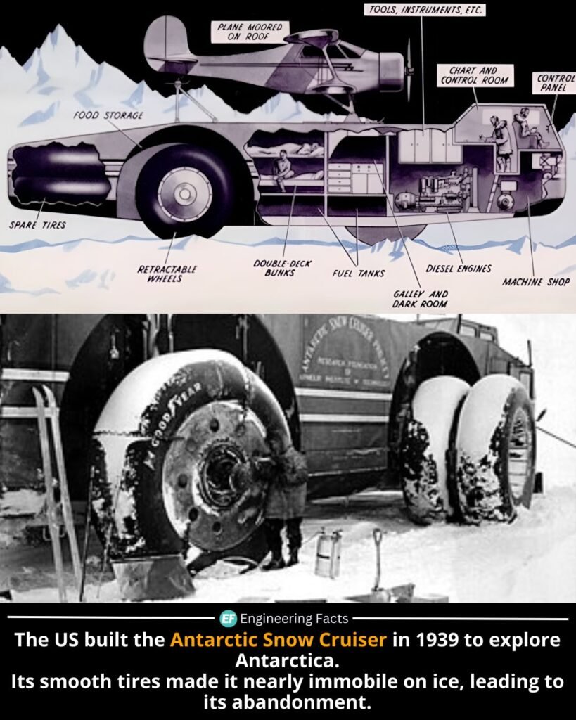The Antarctic Snow Cruiser, a 37-ton engineering marvel built by the U.S. in 1939, was designed to be a mobile