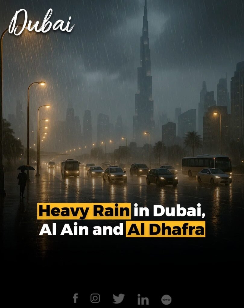 The National Center of Meteorology (NCM) reported heavy rainfall across parts of Dubai, Al Ain, and Al Dhafra