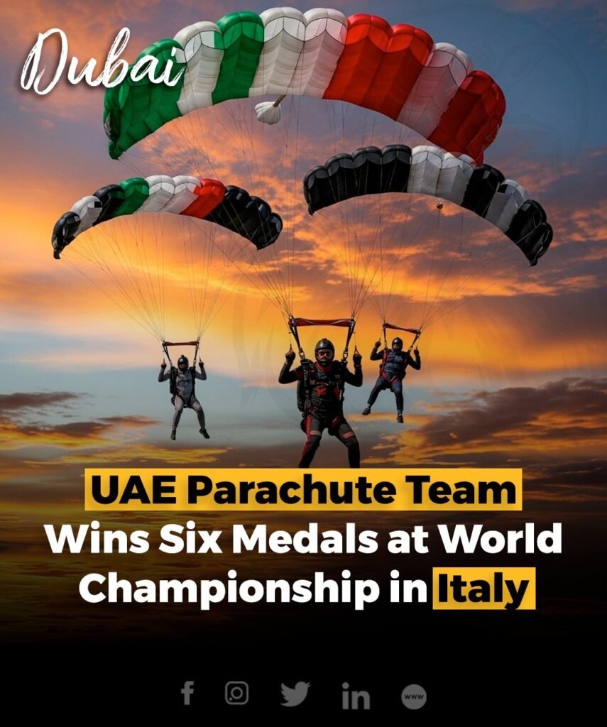 The UAE parachuting team secured six medals at the FAI World Style and Accuracy Landing Championship in Ravenn