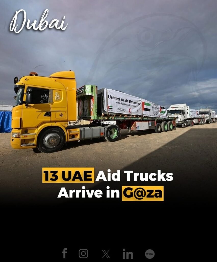 Thirteen UAE a!d trucks reached G@za as part of Oper@tion Chivalrous Knight 3, continuing the Emirates' humani