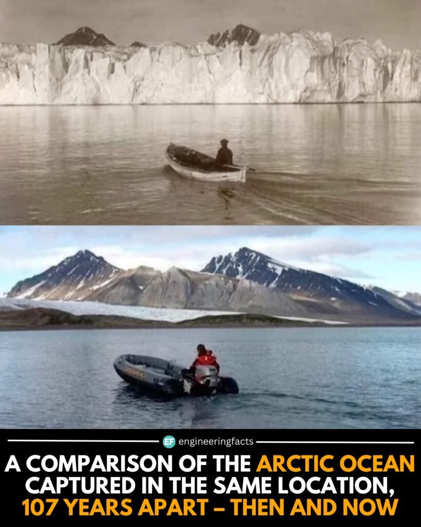 This striking comparison shows the Blomstrand Glacier in Svalbard, Norway, captured 107 years apart — first in