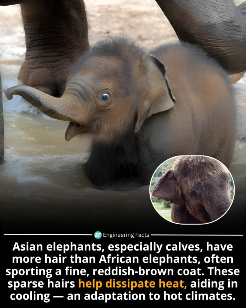 Unlike the nearly hairless African elephants, Asian elephants use their sparse body hair as a natural heat-man
